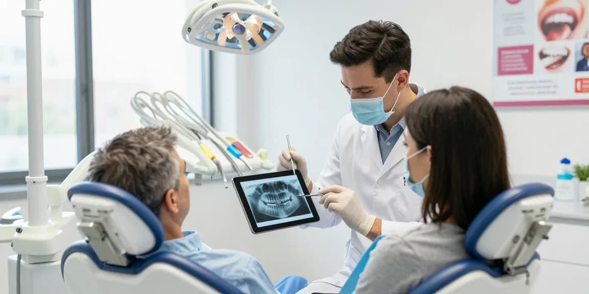 Dental malpractice in Turkey: dentist examining X-rays in a modern clinic.