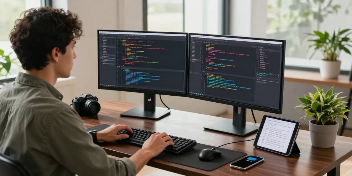 Developer coding at https://hm88.cafe/ with dual monitors and tech gadgets in a modern workspace.