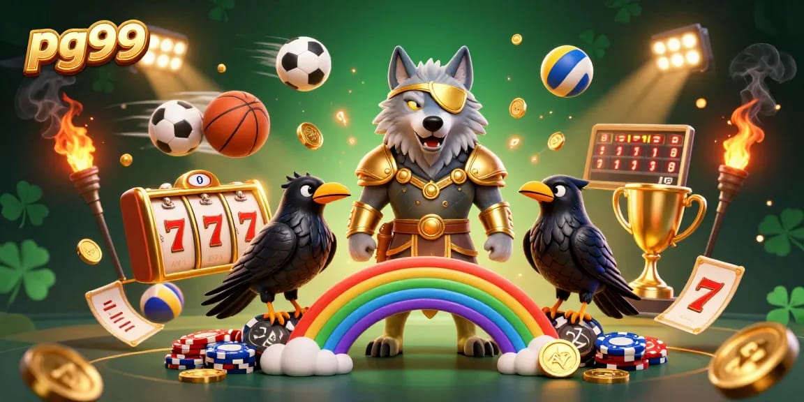 Engage in thrilling games at pg99 with a dynamic illustration showcasing an Odin wolf, raven companions, and vibrant casino elements.