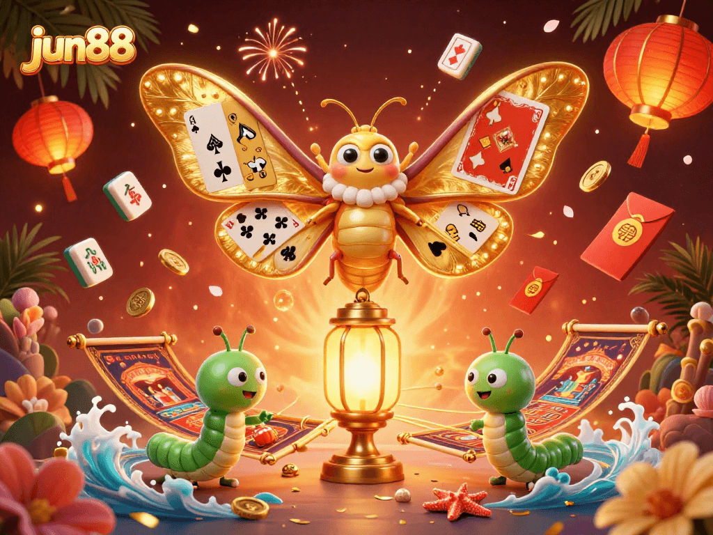 Engage with the vibrant jun88 casino world, featuring a majestic moth amidst golden casino elements.