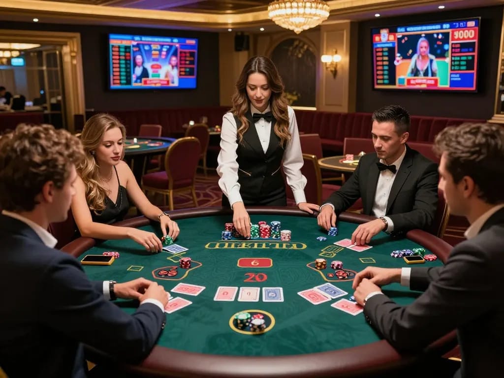 Exciting KO66 ONLINE casino gaming scene with diverse players and a professional dealer.