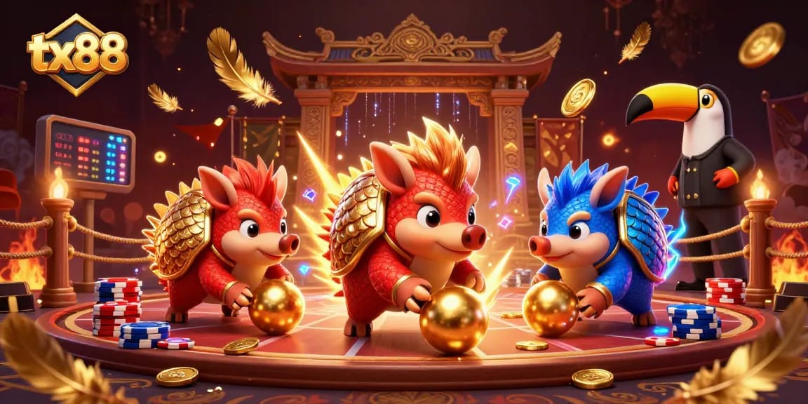 Engage in festive gameplay at tx88 with our 3D pangolins competing in a thrilling casino scene.