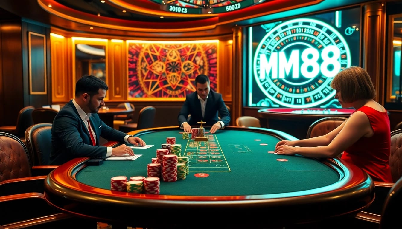 MM88 poker table action with excited players and vibrant casino atmosphere.