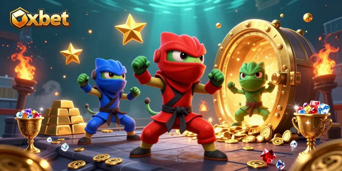 Experience the excitement of oxbet with ninja chameleons amidst treasure and casino elements.
