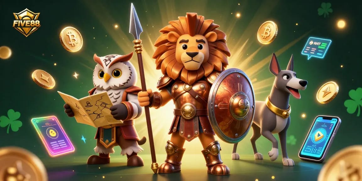 Join the adventure at FIVE88 with a heroic lion amidst crypto coins and glittering casino elements.