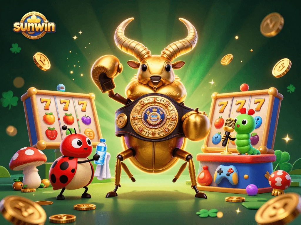Sunwin brings excitement with vibrant slot reels and fun gaming elements in a dynamic casino scene.