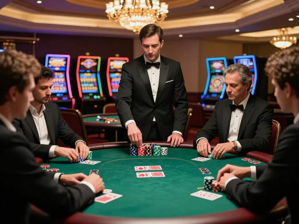 CM88 poker players strategizing at a luxurious casino table, vibrant chips and cards in play.