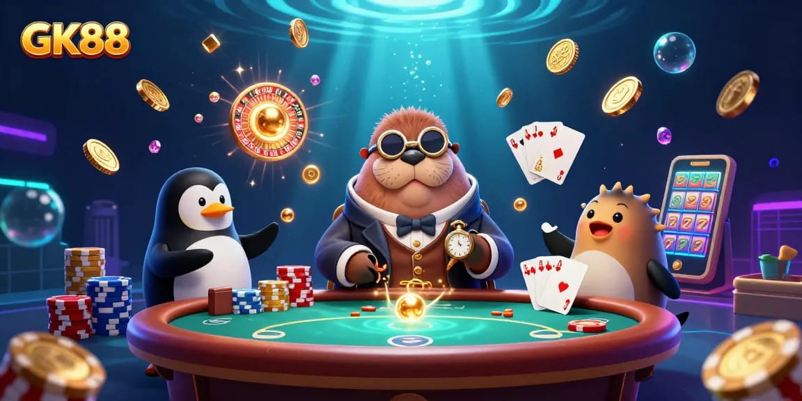 GK88 captivates with a poker-ready walrus, dazzling gems, and exciting casino action.