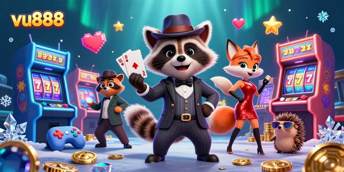 Experience the excitement of vu888 with a suave raccoon holding a royal flush in a vivid casino scene.