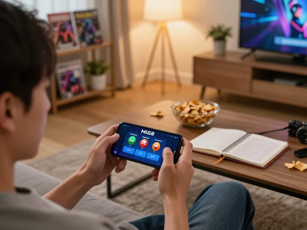 Engaging in thrilling gameplay with the mig8 app on a smartphone in a cozy living room.