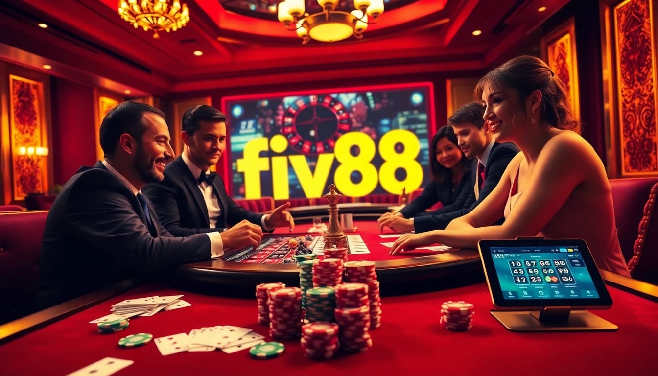 Experience the excitement of five88 with poker chips and a vibrant casino table.