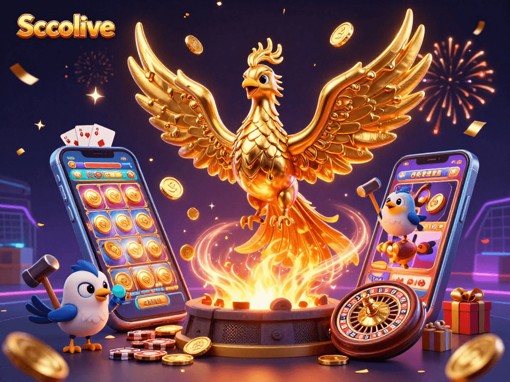 Socolive offers immersive slot experiences with a dynamic golden phoenix illustration, celebrating wins.