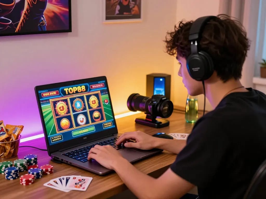 Engaging online gaming setup showcasing TOP88 live casino experience with vibrant graphics and cozy atmosphere.