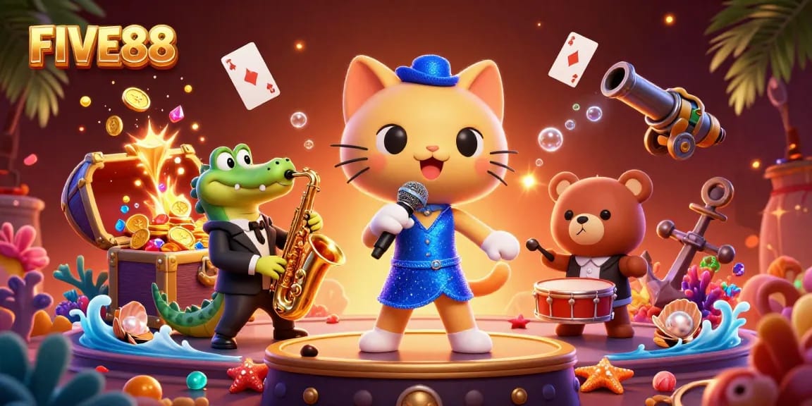 Experience excitement at FIVE88 with lively casino characters amidst golden treasures.