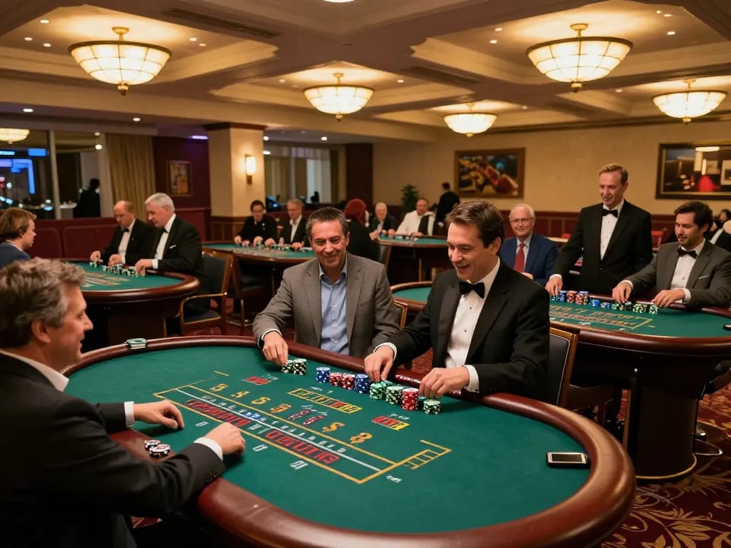 TT88 players enjoying an engaging blackjack game at an upscale casino with vibrant atmosphere