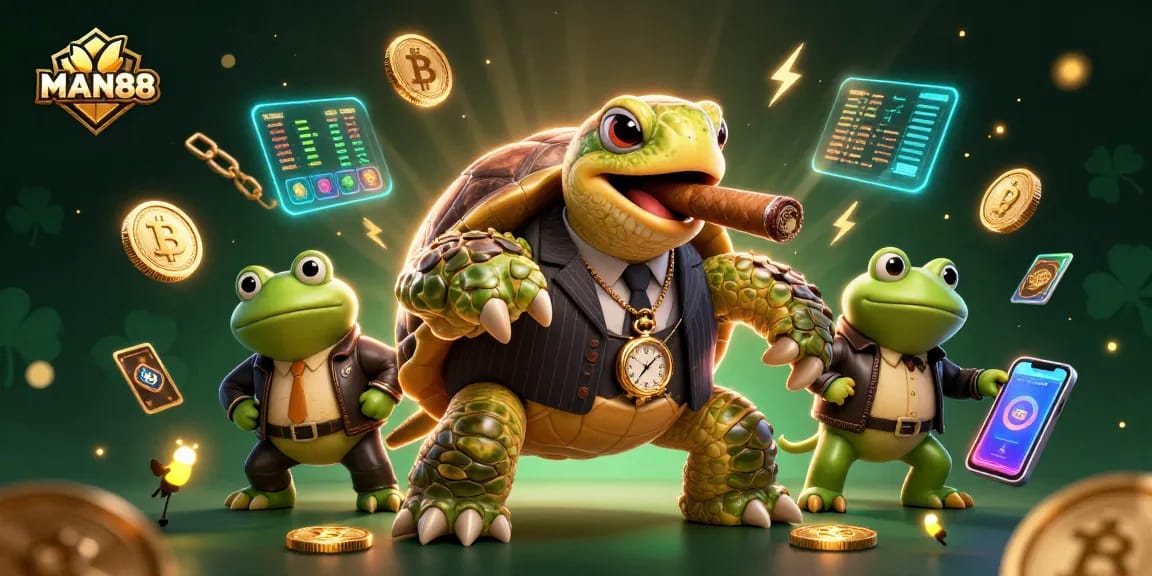 Engage with MAN88’s thrilling gaming world illustrated by a mobster turtle and bullfrog enforcers.