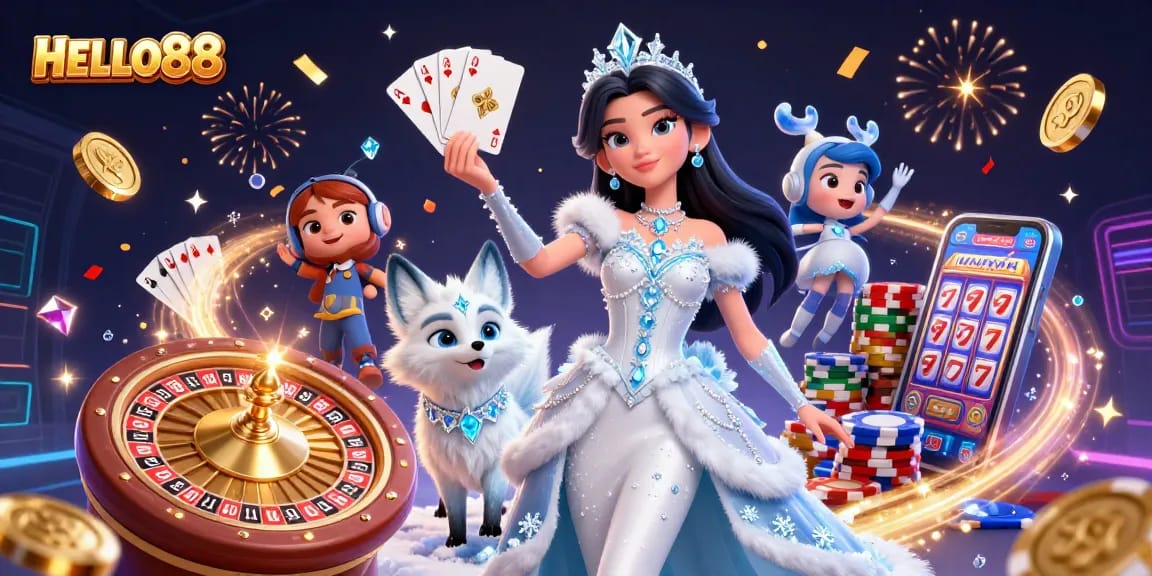 Join HELLO88 for a dynamic gambling experience featuring royal flush and golden coins.