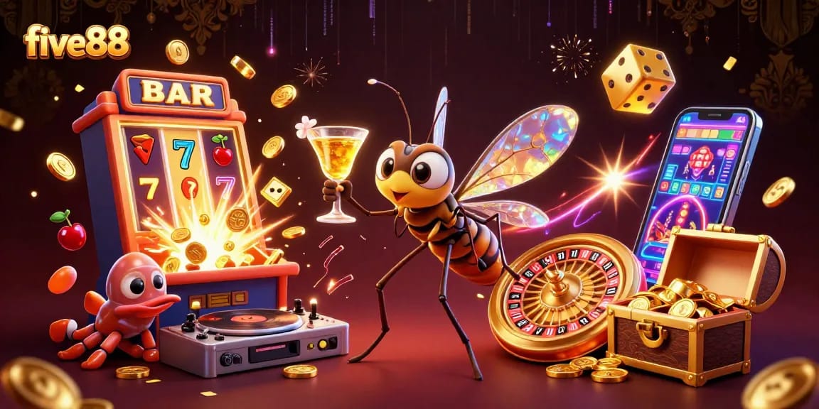 Engage with five88 casino excitement featuring unique mascot characters in vibrant 3D scene.