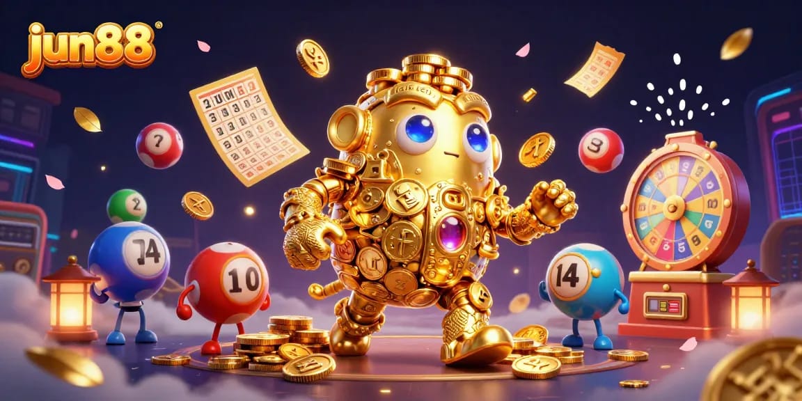 Engage with jun88's vibrant casino atmosphere featuring a golden golem and dynamic games.