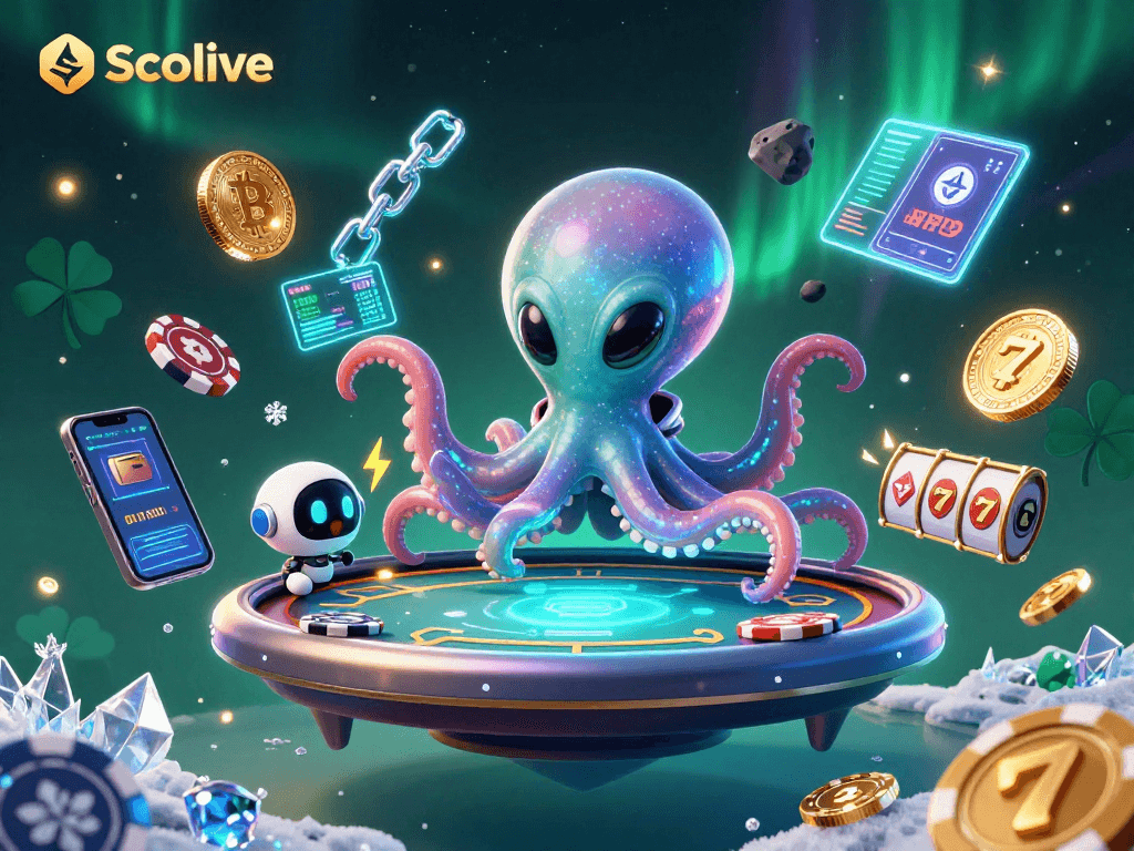 Socolive gaming scene with a vibrant alien octopus at a poker table amidst crypto coins and slot elements