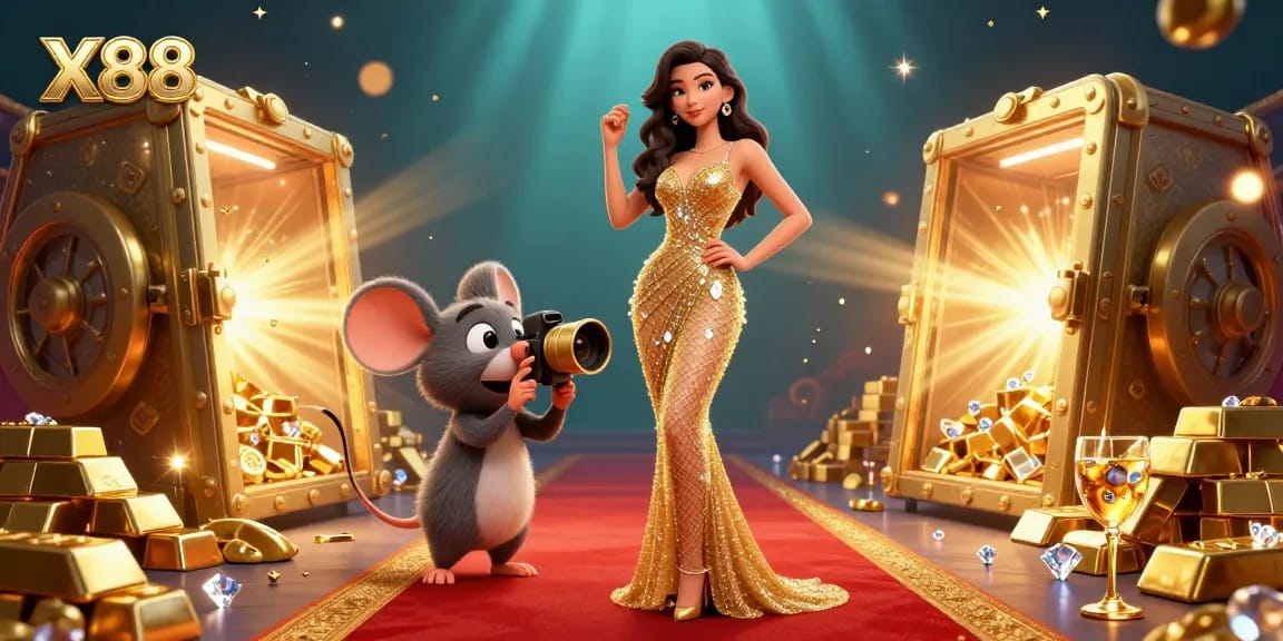 X88 casino features a stunning woman on a red carpet with a gold-themed richness, surrounded by dazzling treasure.