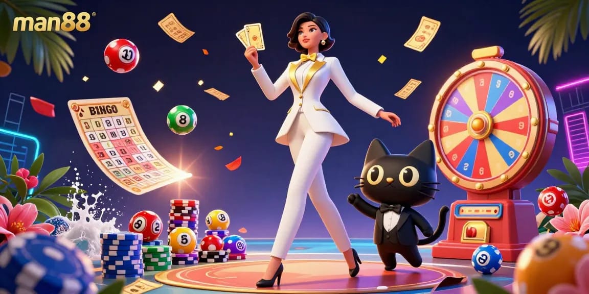 Engage in thrilling games at man88 while a glamorous dealer shuffles cards amid colorful lottery balls.