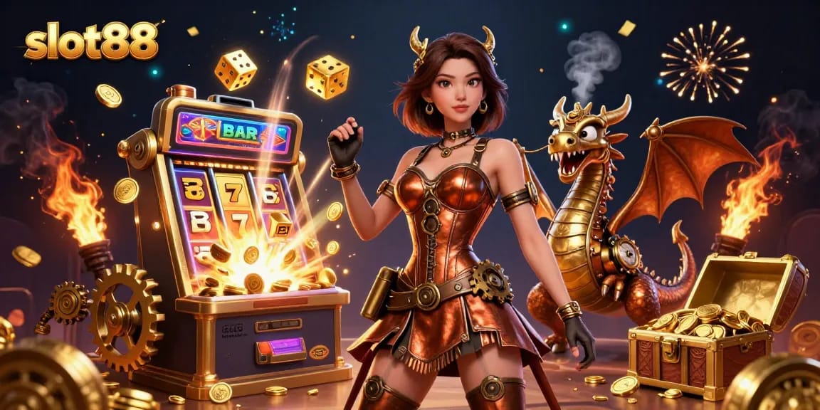 Spin the reels of slot88 in a vibrant 3D scene featuring a jackpot explosion and exciting casino elements.