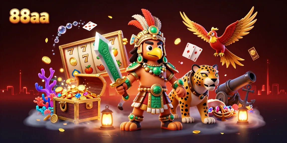 88aa showcases vibrant casino action with 3D Aztec warrior and jackpot-winning themes.
