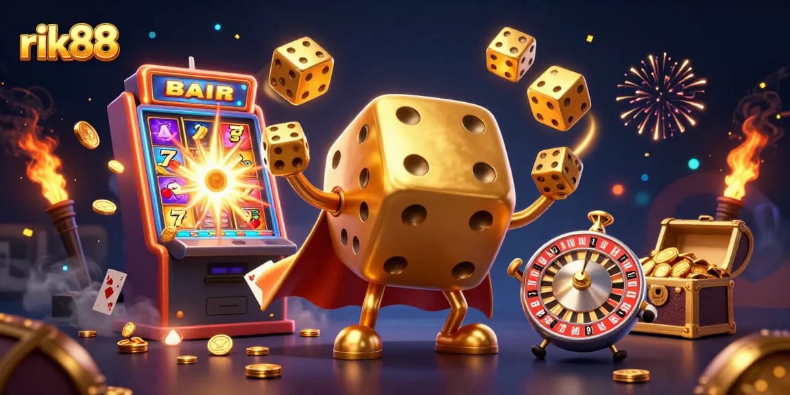 rik88 showcases a vibrant casino scene with a golden dice golem and jackpot explosion of coins.