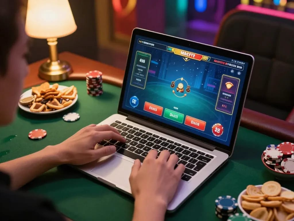 Player engaging in an online poker game at home with 98wincom interface on laptop, showcasing strategic gameplay.