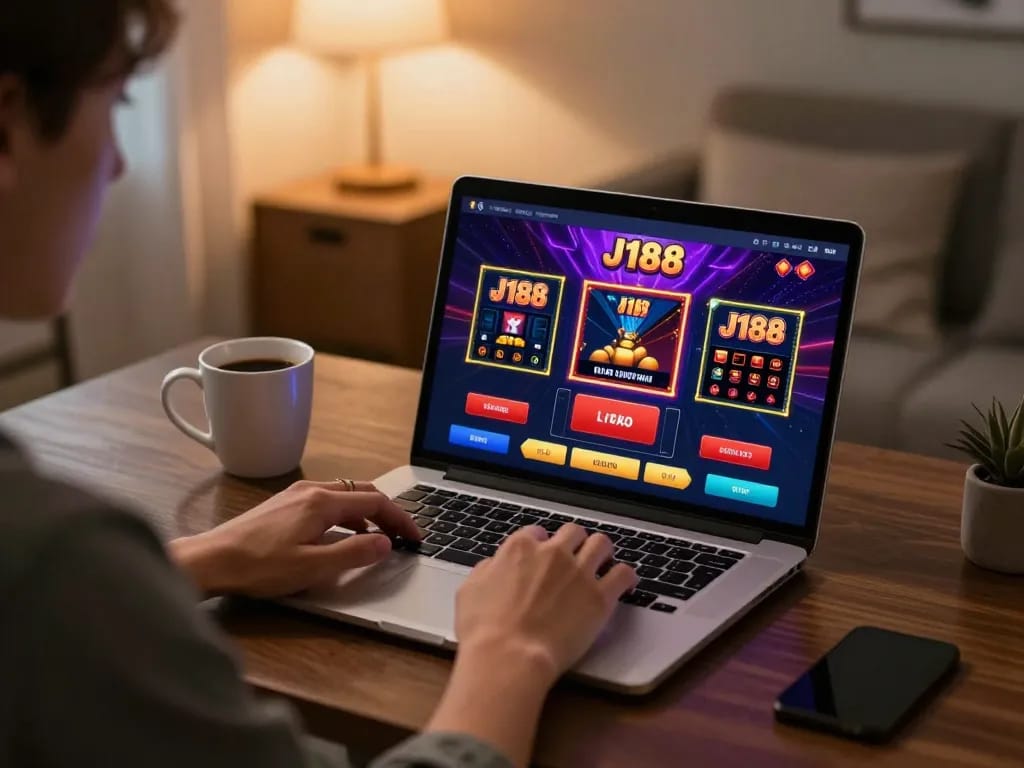 Engaging gameplay on J188 app at home desk showcases online casino experience.