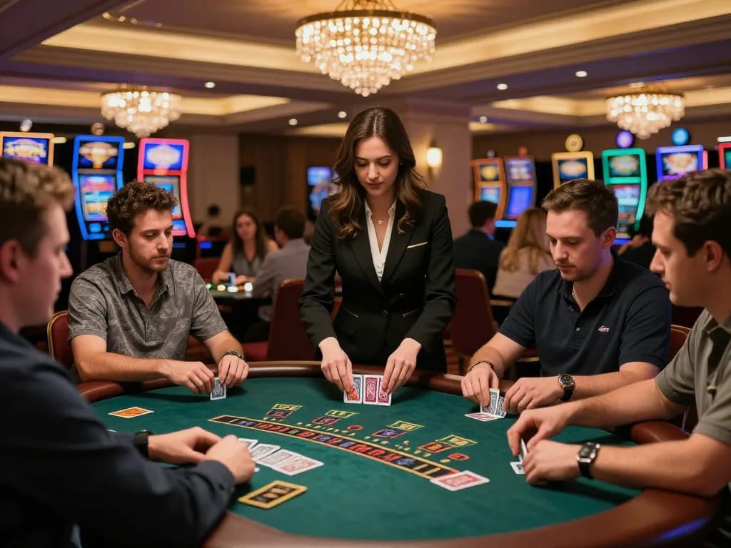 Players at CO88 blackjack table making strategic bets with dealer in sophisticated casino