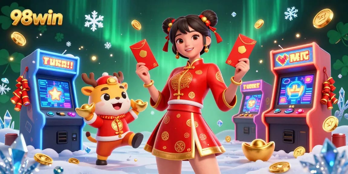 Experience the excitement of 98win with festive 3D characters amidst colorful game machines for a thrilling casino vibe.
