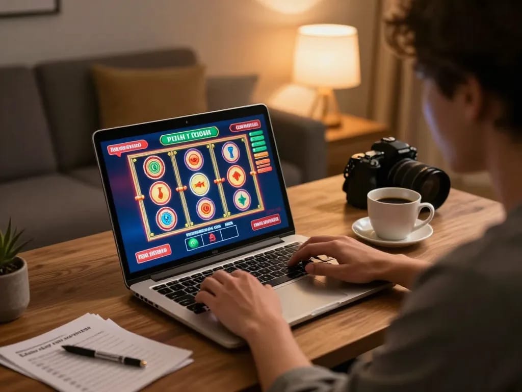 Engaged player on laptop exploring m88zo's vibrant online slots, showcasing a unique gaming experience.