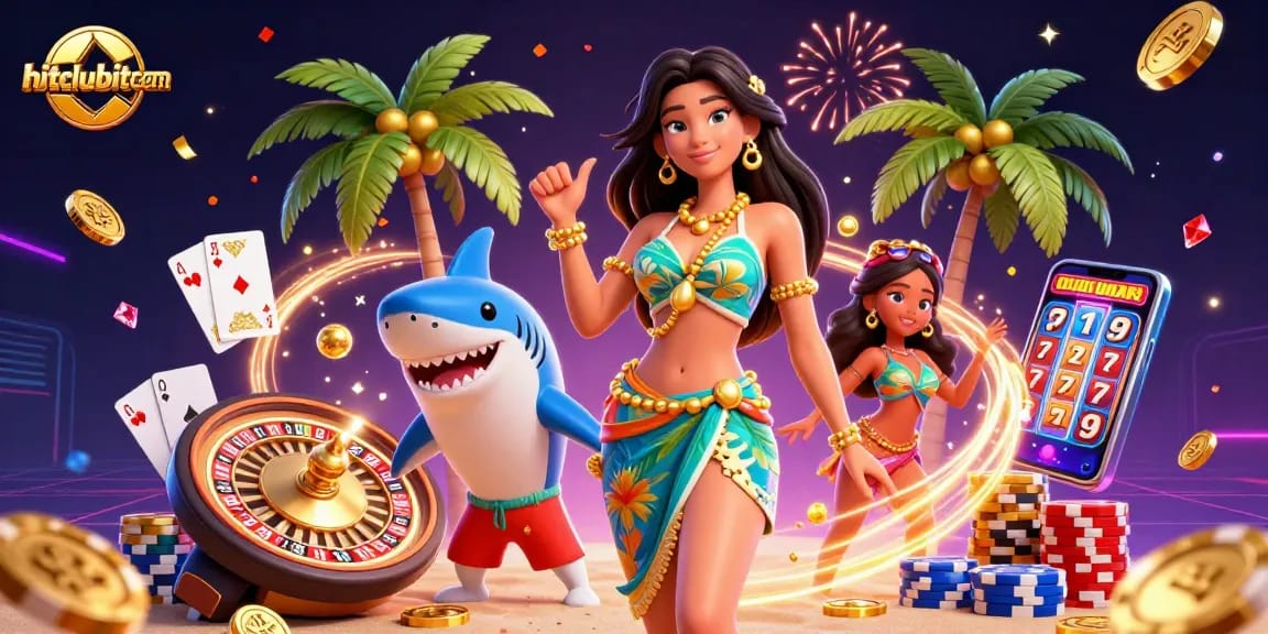 Hitclubitcom showcases a lively casino scene with a glamorous beach goddess and a surfer shark amidst vibrant game elements.