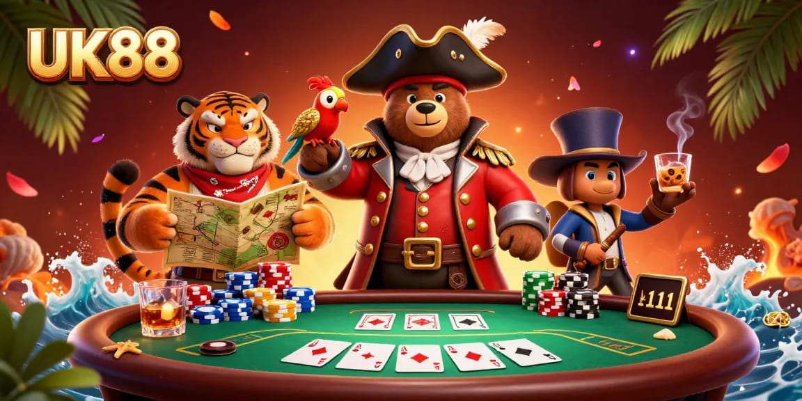Experience the thrill of UK88 with a vibrant poker scene featuring a pirate bear, tiger, and parrot.