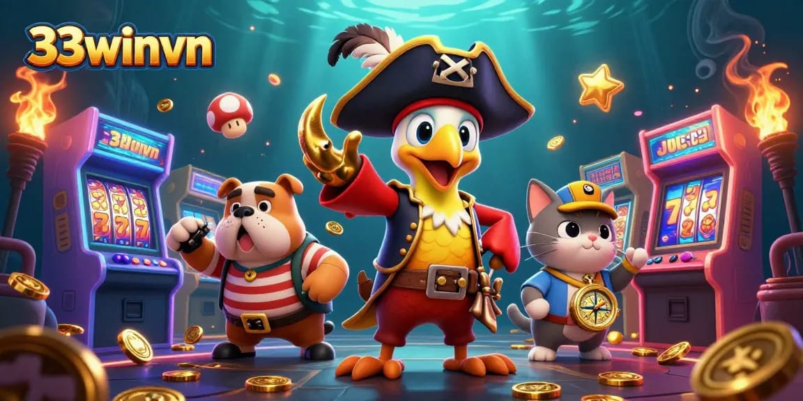 Engage in thrilling gameplay with 33winvn at this animated pirate-themed casino scene.