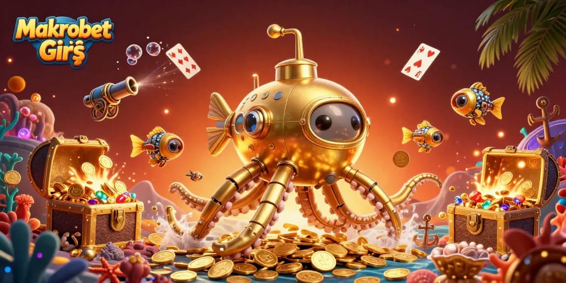 Join Makrobet Giriş with a vibrant illustration featuring a golden kraken submarine amidst underwater treasures and dynamic casino elements.