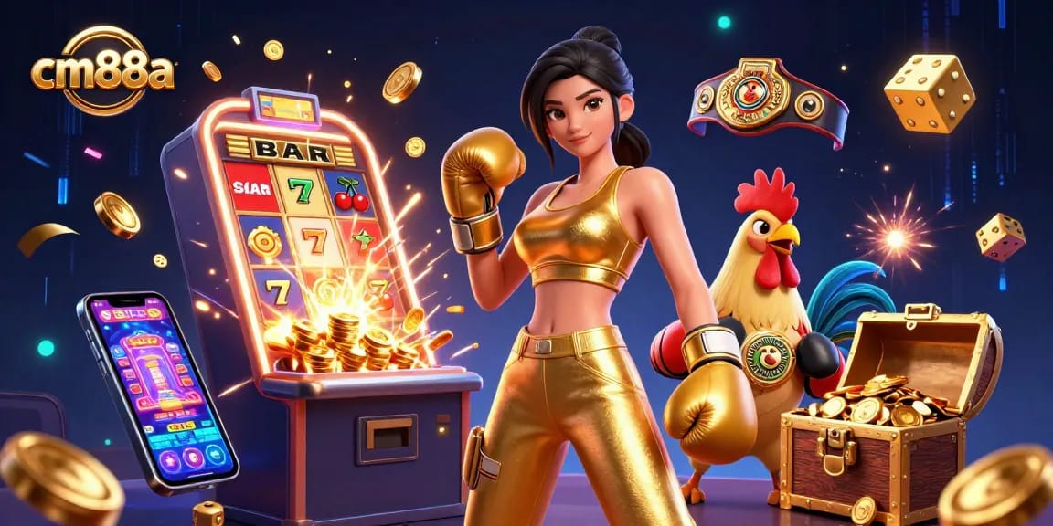 Experience thrilling gameplay at cm88a with vibrant slot machines and a 3D boxing championship scene.