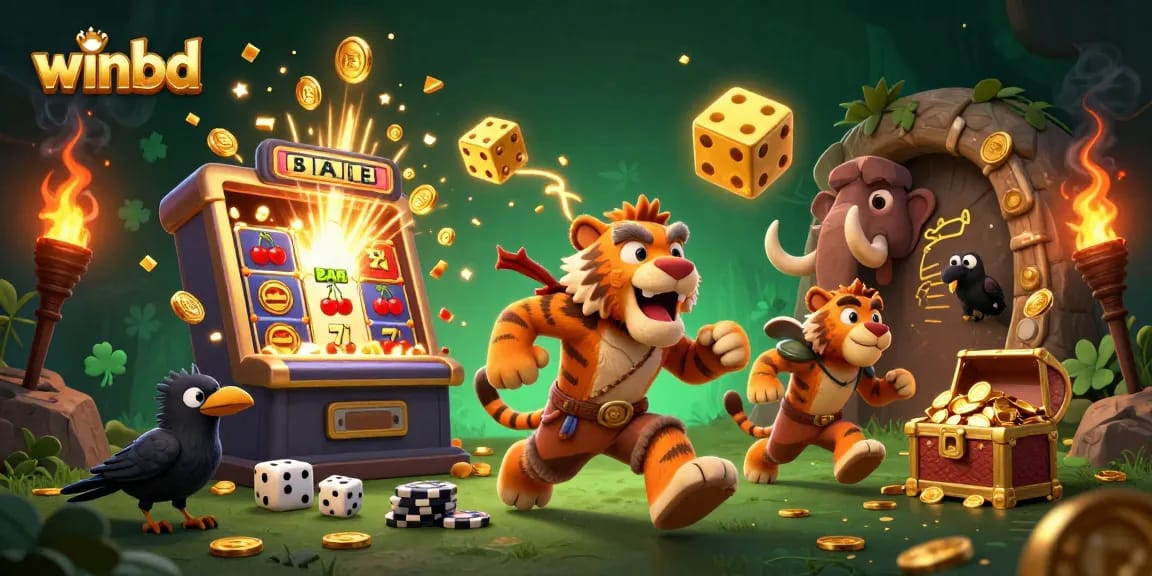Experience the excitement of winbd with a vibrant depiction of a prehistoric casino adventure.