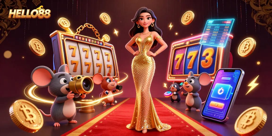 Capture the excitement at HELLO88's slot games with stunning visuals and vibrant neon elements.
