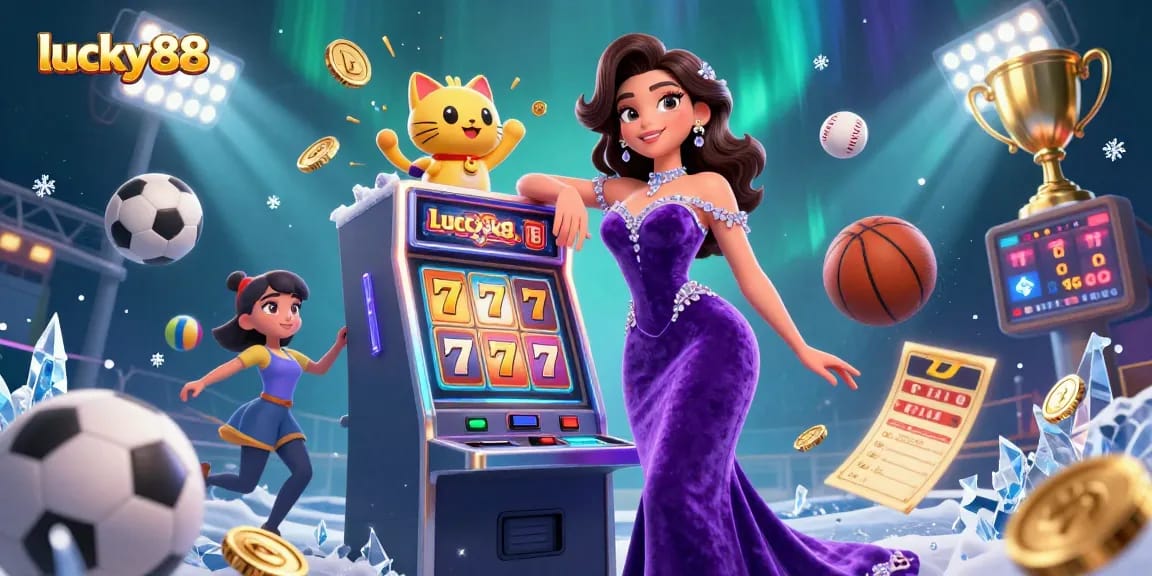 Win big with lucky88’s vibrant casino atmosphere featuring a stunning woman and a fortune cat mascot.