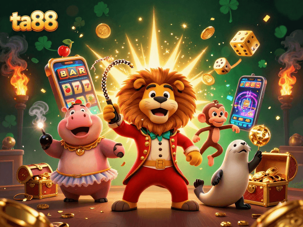 Experience the thrill at ta88 with dynamic gaming characters amidst a jackpot explosion in a vibrant casino scene.