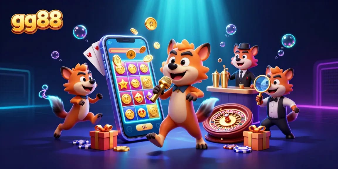 Engage with GG88's vibrant casino atmosphere featuring cartoon hyenas and dynamic game elements.