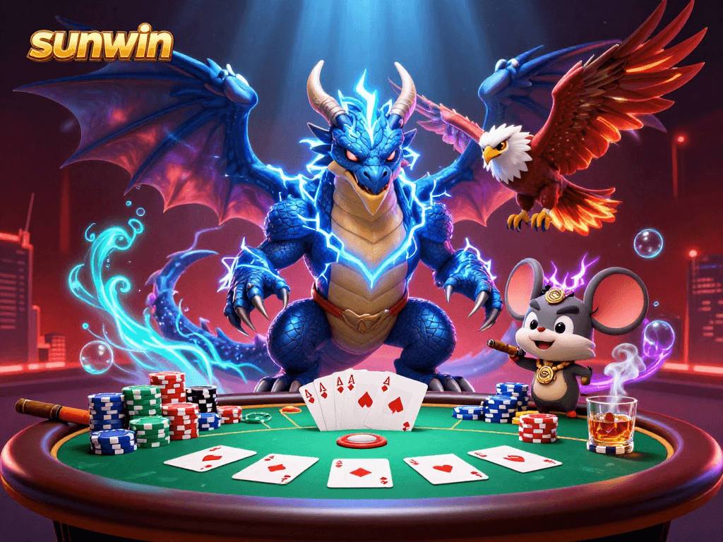 Engage in thrilling poker gameplay with sunwin, featuring a powerful thunder dragon, wind hawk, and vibrant game elements.