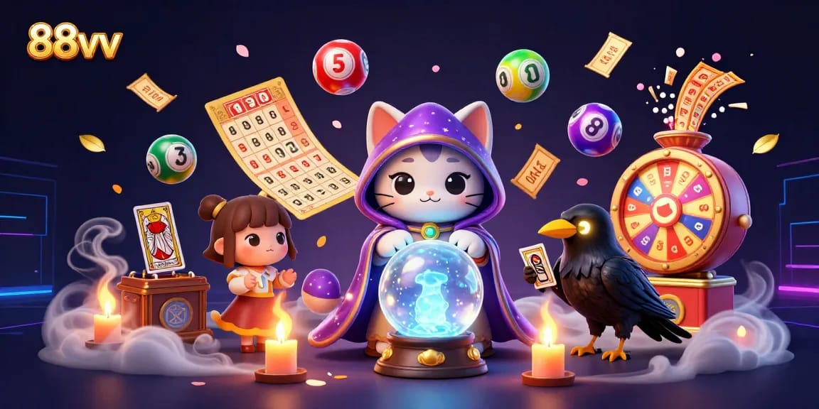 Engage with 88vv's vibrant gambling world featuring a mystical cat and dynamic lottery elements.