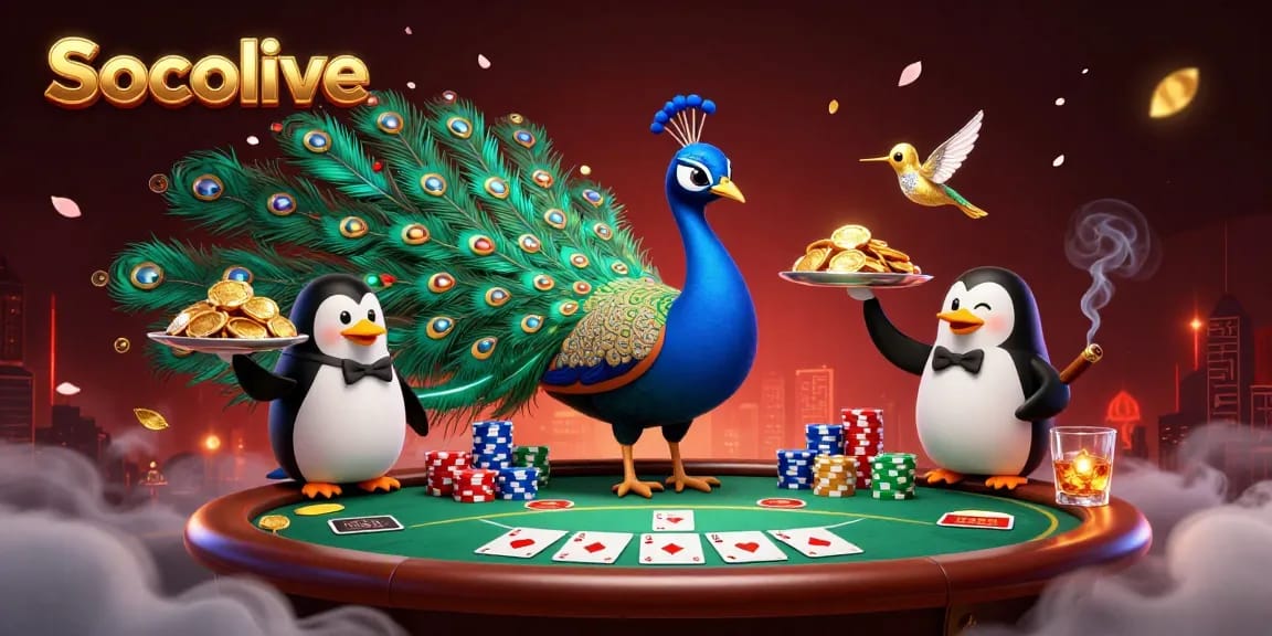 Socolive features a peacock and penguin in a vibrant casino scene with poker elements.