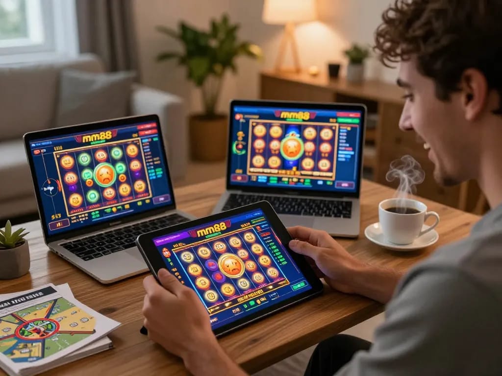 Engaging with mm88 app on tablet while playing slots at home, cozy gaming atmosphere.