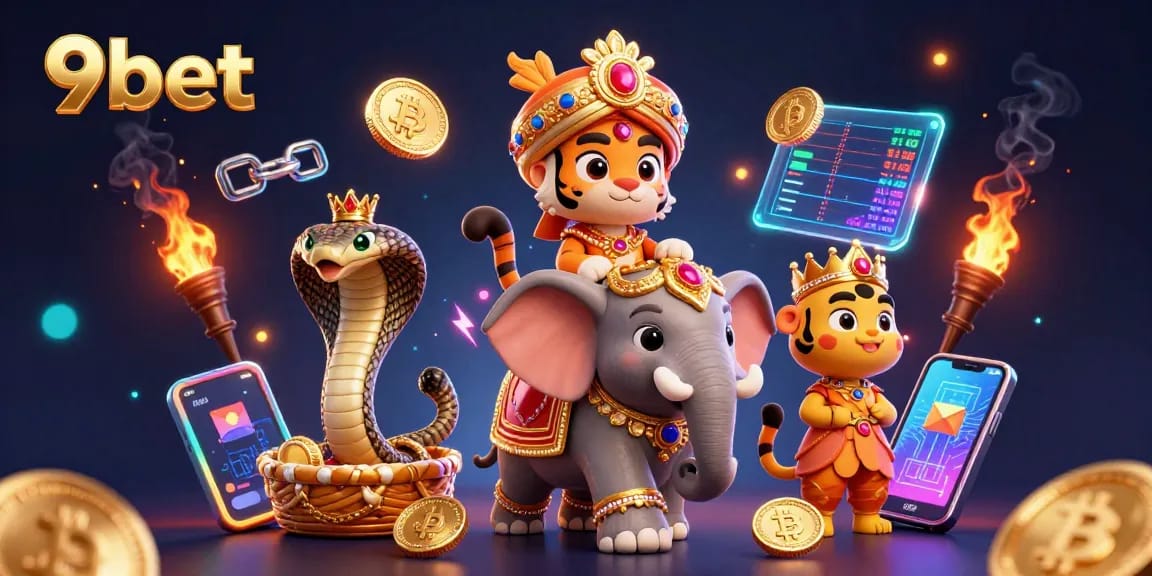 Engage with 9bet's world of online betting filled with vibrant casino elements and characters.