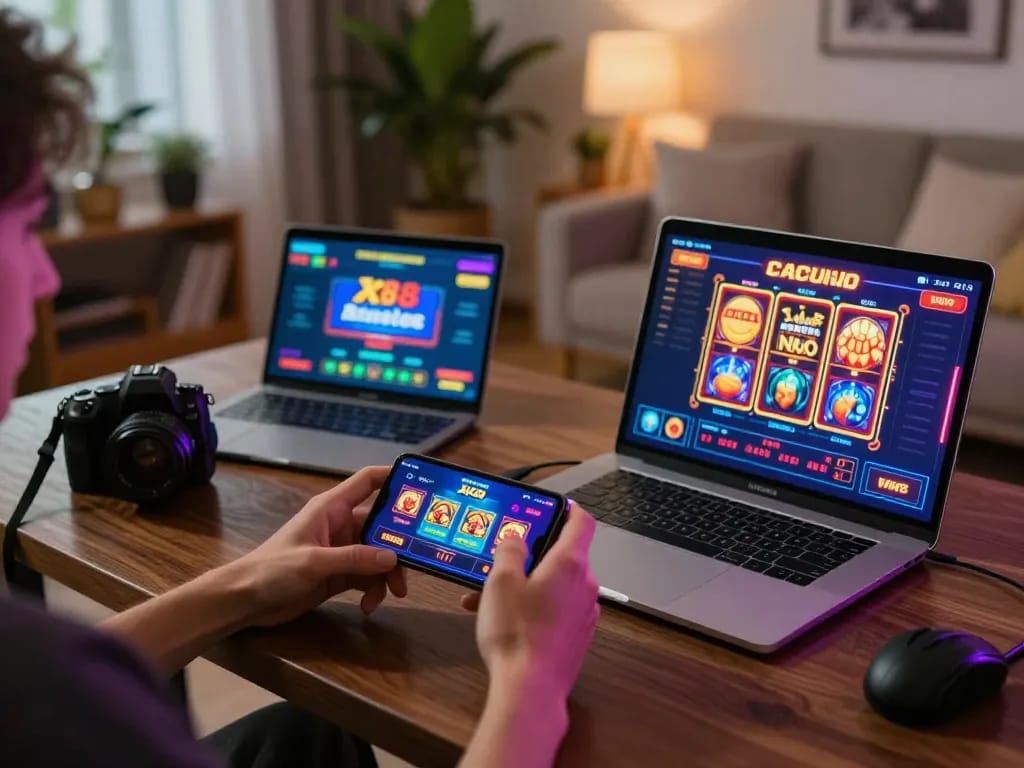 Player engaging with the xx88 online casino app for exciting gameplay in a cozy home setting
